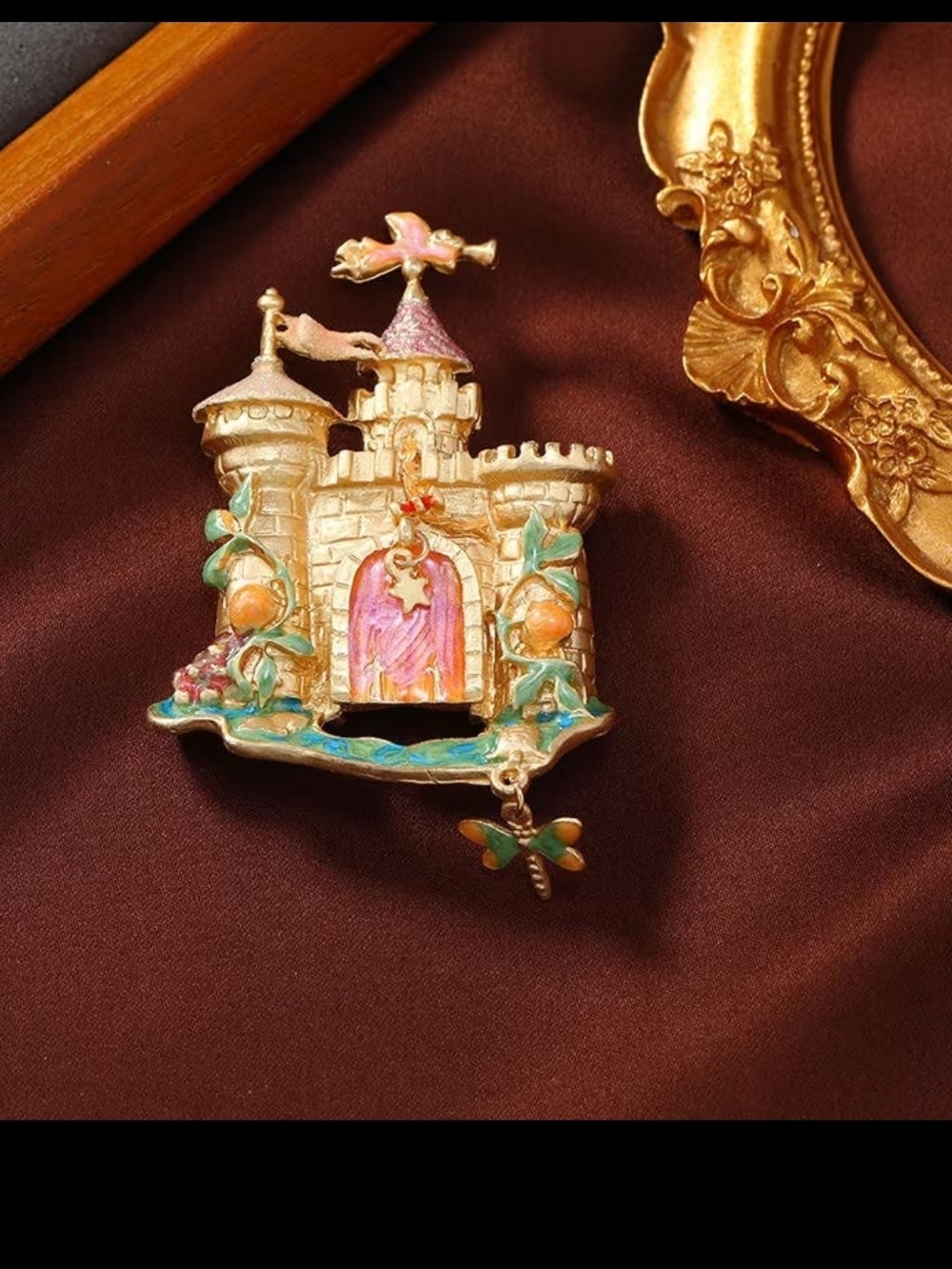 Enamel Castle Brooch with Dragonfly Charm - Pink, Turquoise & Gold